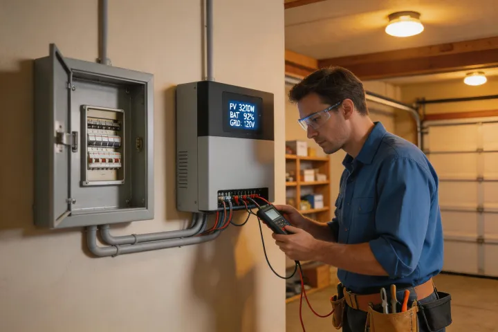 Installer checking hybrid inverter wiring